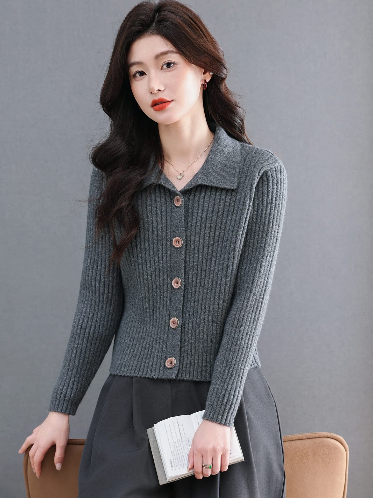 폴로 칼라 카디건 오픈 가디건 여성 작은 키 쇼트 스타일 스웨터 봄 가을 외국 가스 다용도 재킷 니트 맨위 이미지 2