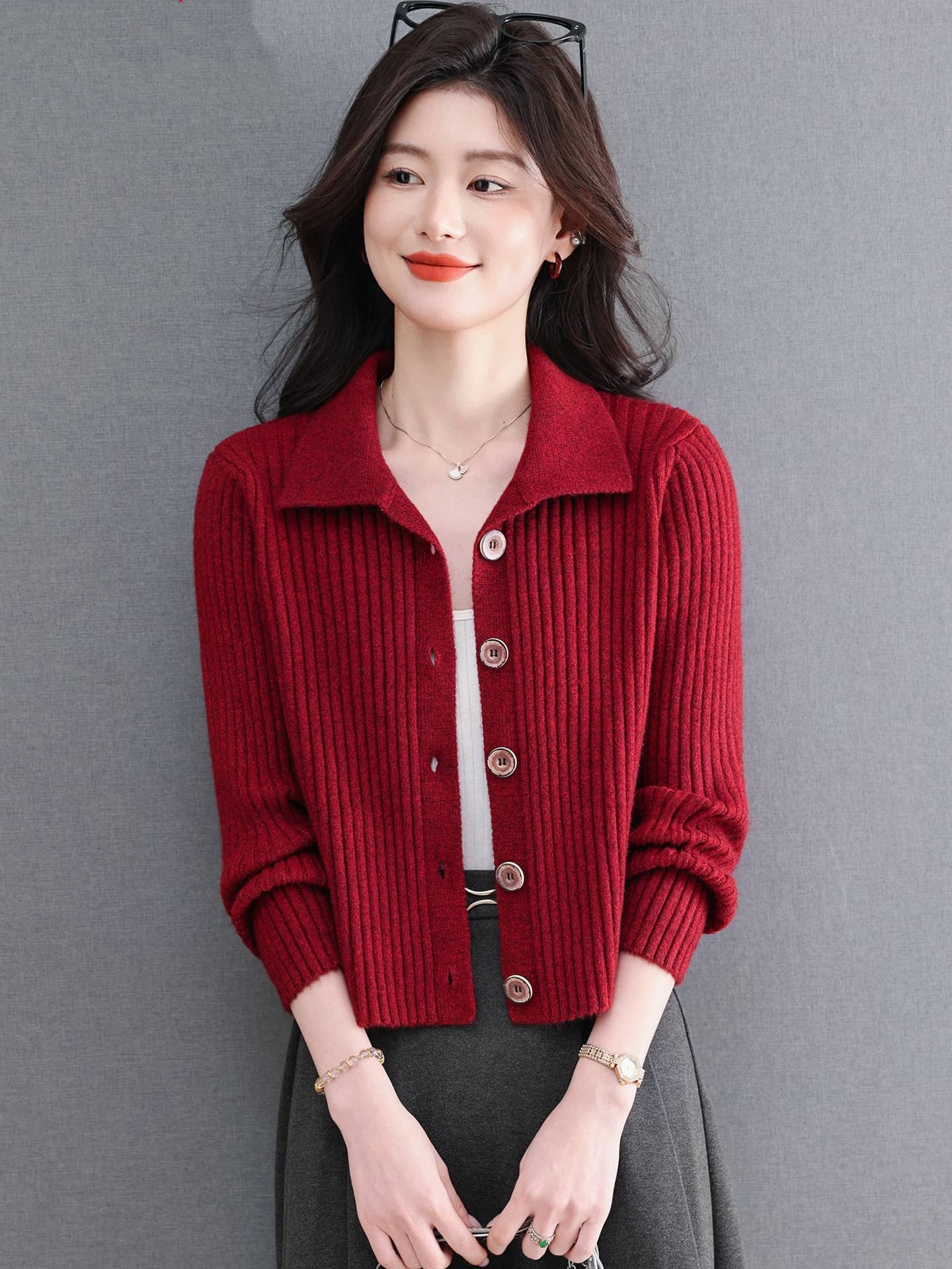폴로 칼라 카디건 오픈 가디건 여성 작은 키 쇼트 스타일 스웨터 봄 가을 외국 가스 다용도 재킷 니트 맨위 상세 이미지 3