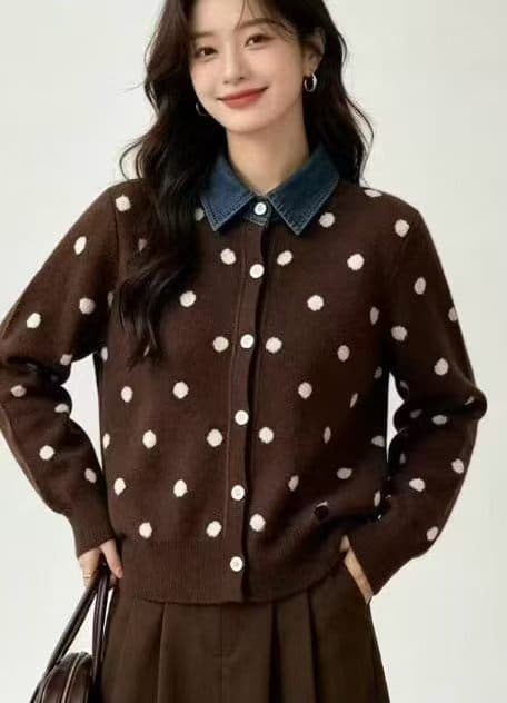 프랑스식 도트 무늬 페이크 레이어드 데님 패치워크 POLO 칼라 니트 스웨터 부드러운 찹쌀 연령 감소 스웨터 코트 가을 겨울철 새로운 상세 이미지 3