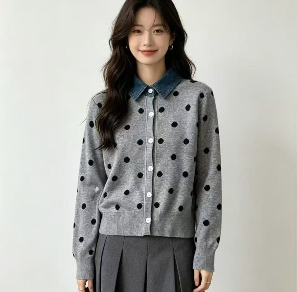 프랑스식 도트 무늬 페이크 레이어드 데님 패치워크 POLO 칼라 니트 스웨터 부드러운 찹쌀 연령 감소 스웨터 코트 가을 겨울철 새로운 상세 이미지 4