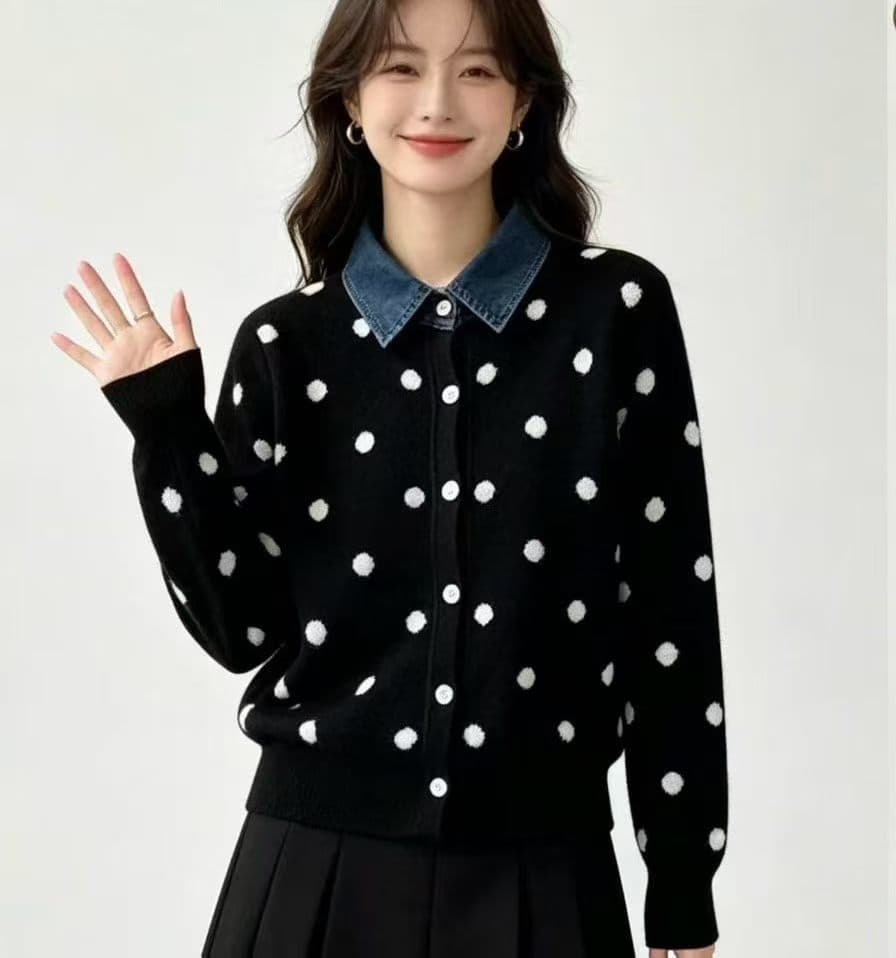 프랑스식 도트 무늬 페이크 레이어드 데님 패치워크 POLO 칼라 니트 스웨터 부드러운 찹쌀 연령 감소 스웨터 코트 가을 겨울철 새로운 상세 이미지 5