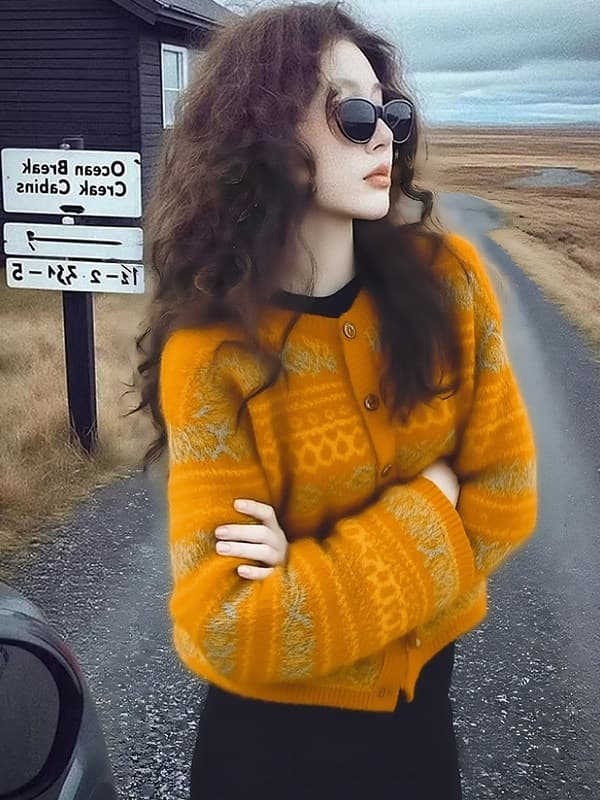 프랑스식 고급 센스 레트로 공정한 섬 바람 황색 니트 오픈 가디건 긴팔 싱글 줄 버튼 다용도 슬림해 보이는 스웨터 코트