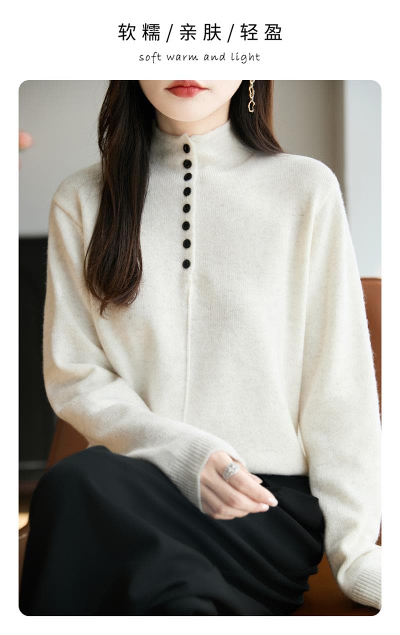 고급 센스 느긋한 바람 반하이넥 싱글 줄 버튼 니트 스웨터 여성 2026 가을 겨울 새로운 인사이드 가져 가라. 다용도 기본 셔츠 상세 이미지 2