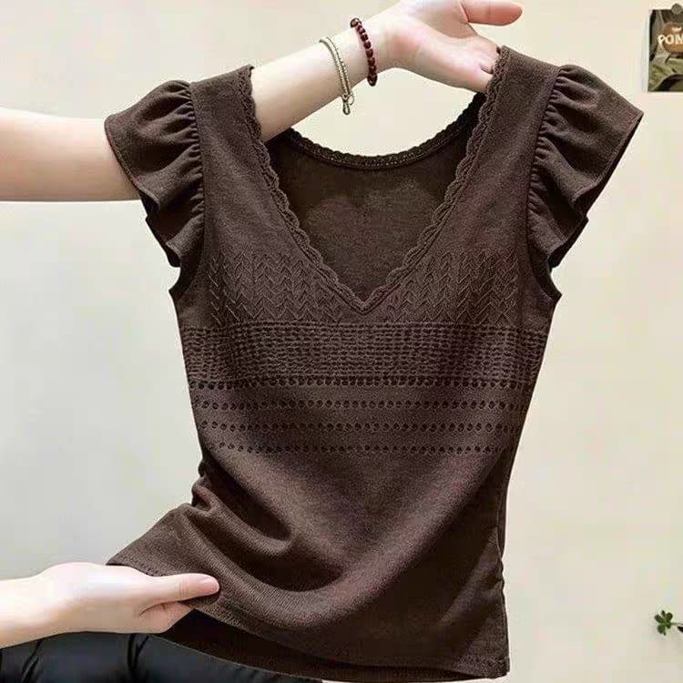 패션 익스트림 제인 바람 오트밀 살구 홀로우 아웃 V넥 작은 날다 소매 조끼 여성 여름 새로운 캐주얼 출퇴근 다용도 맨위 이미지 4