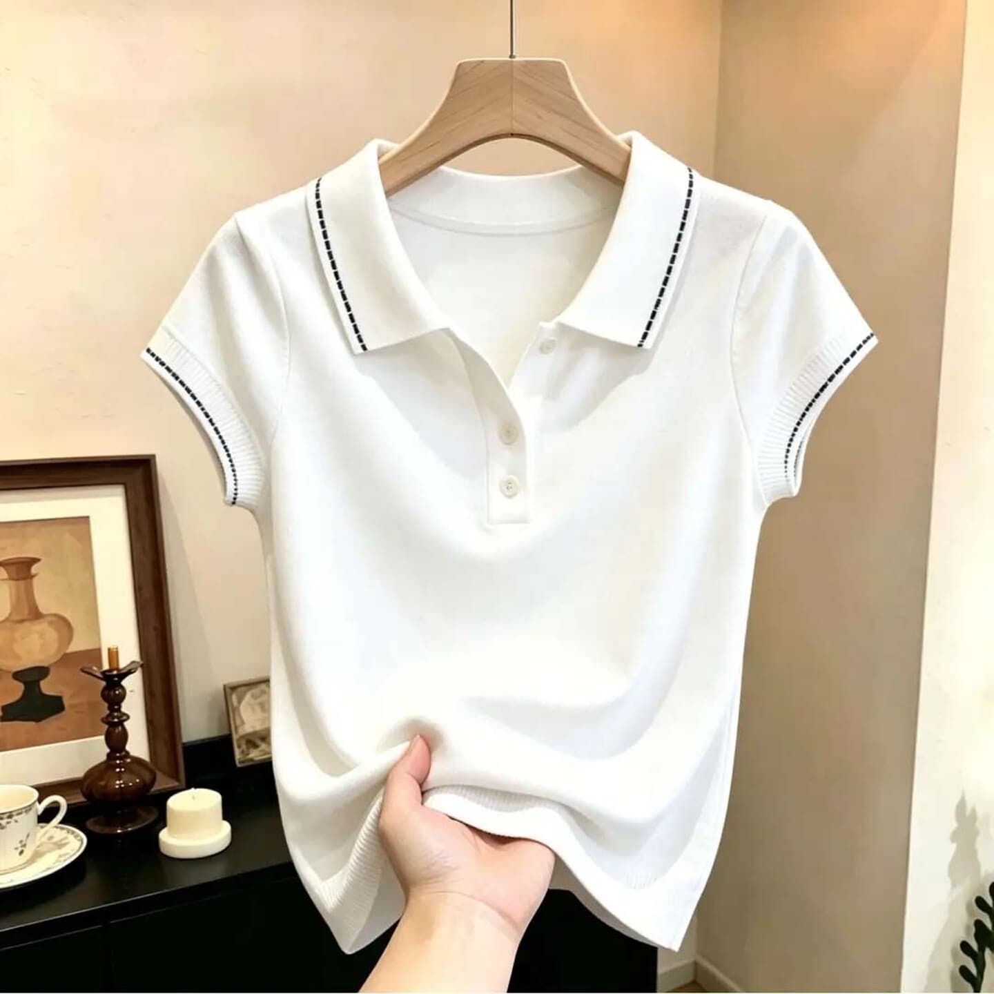 배색 POLO 칼라 반팔 니트 스웨터 여성 2026 여름 빅 사이즈 지방 mm 다용도 루즈핏 슬림해 보이는 출퇴근 바람 맨위 상세 이미지 6