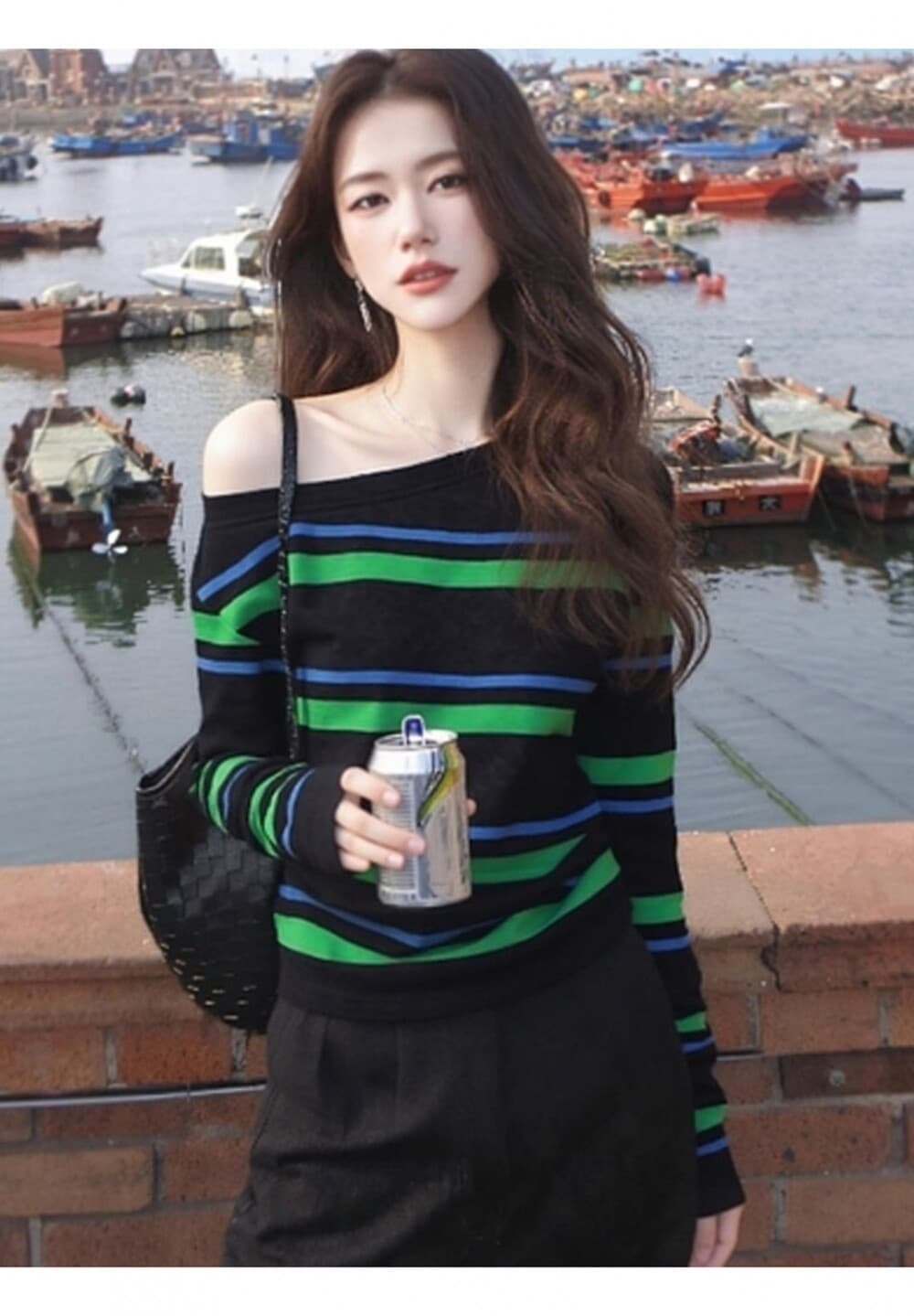 여름 고유 한 슈퍼 잘 생긴 한 부서 느긋한 바람 느슨함 센스 작은 대중 아니요 명중 섹션 비스듬한 어깨 스트라이프 티셔츠 니트 스웨터 여성 이미지 4