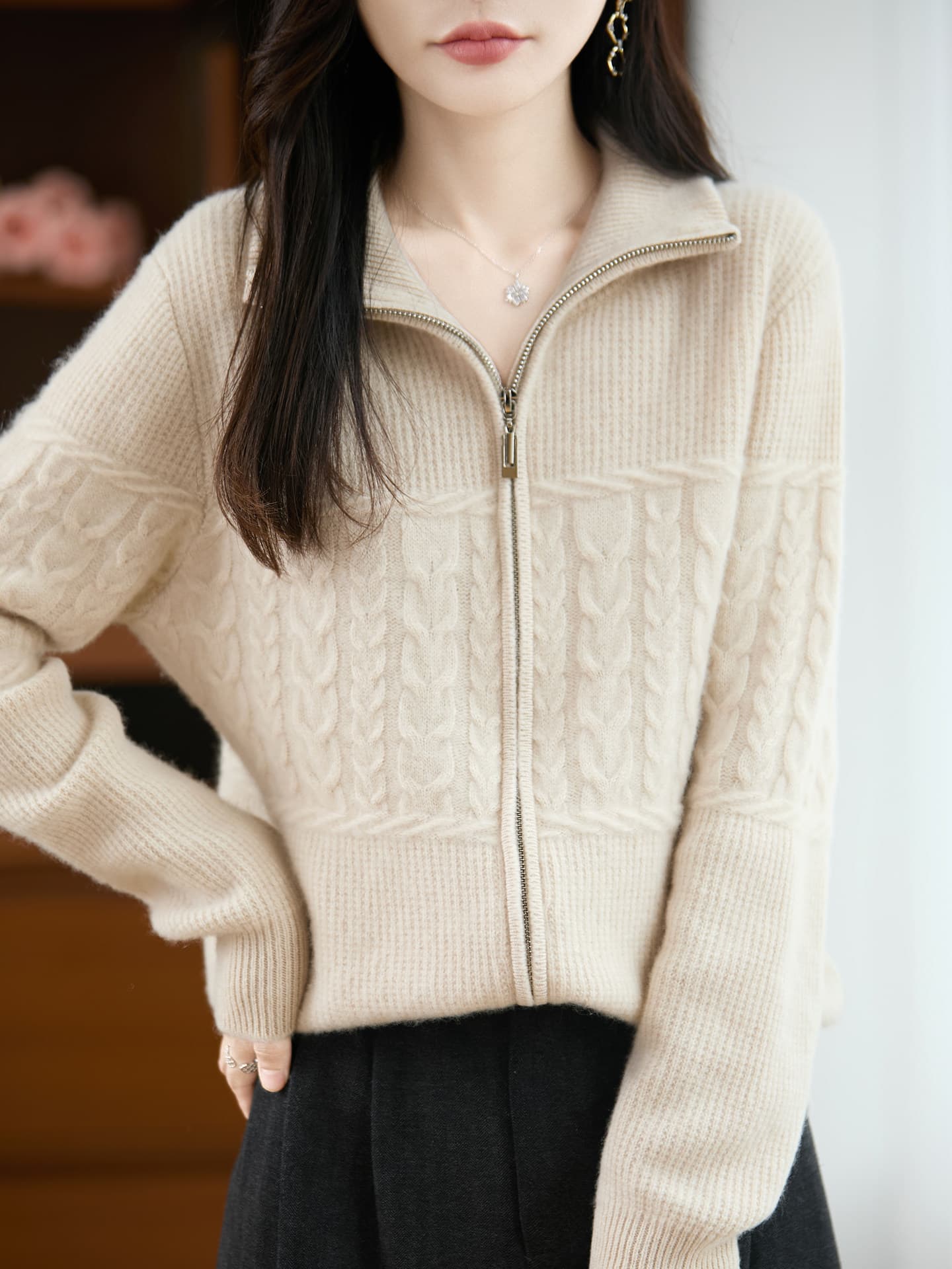 터틀넥 더블 지퍼 오픈 가디건 여성 유럽 상품 순수한 카디건 두꺼운 폴로 칼라 봄 드레스 니트 양모 스웨터 코트