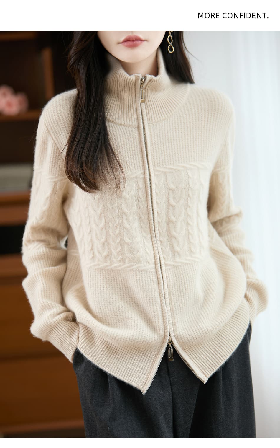 터틀넥 더블 지퍼 오픈 가디건 여성 유럽 상품 순수한 카디건 두꺼운 폴로 칼라 봄 드레스 니트 양모 스웨터 코트 상세 이미지 1