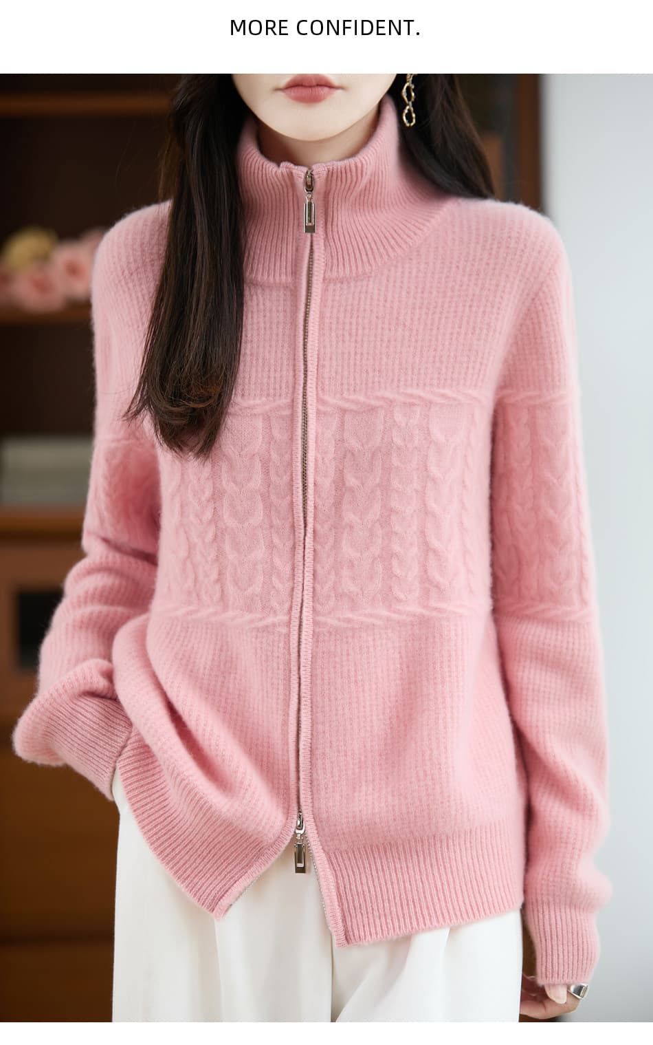 터틀넥 더블 지퍼 오픈 가디건 여성 유럽 상품 순수한 카디건 두꺼운 폴로 칼라 봄 드레스 니트 양모 스웨터 코트 상세 이미지 7