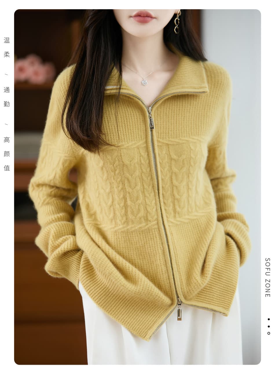 터틀넥 더블 지퍼 오픈 가디건 여성 유럽 상품 순수한 카디건 두꺼운 폴로 칼라 봄 드레스 니트 양모 스웨터 코트 상세 이미지 10