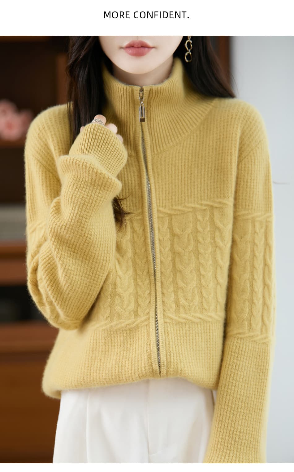 터틀넥 더블 지퍼 오픈 가디건 여성 유럽 상품 순수한 카디건 두꺼운 폴로 칼라 봄 드레스 니트 양모 스웨터 코트 상세 이미지 11