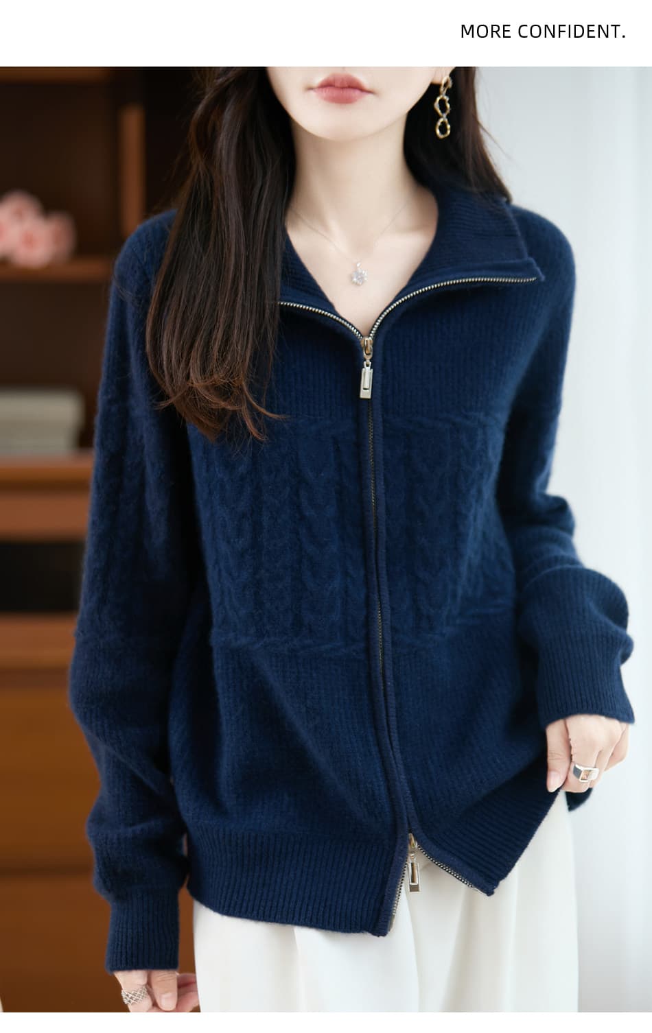 터틀넥 더블 지퍼 오픈 가디건 여성 유럽 상품 순수한 카디건 두꺼운 폴로 칼라 봄 드레스 니트 양모 스웨터 코트 상세 이미지 13
