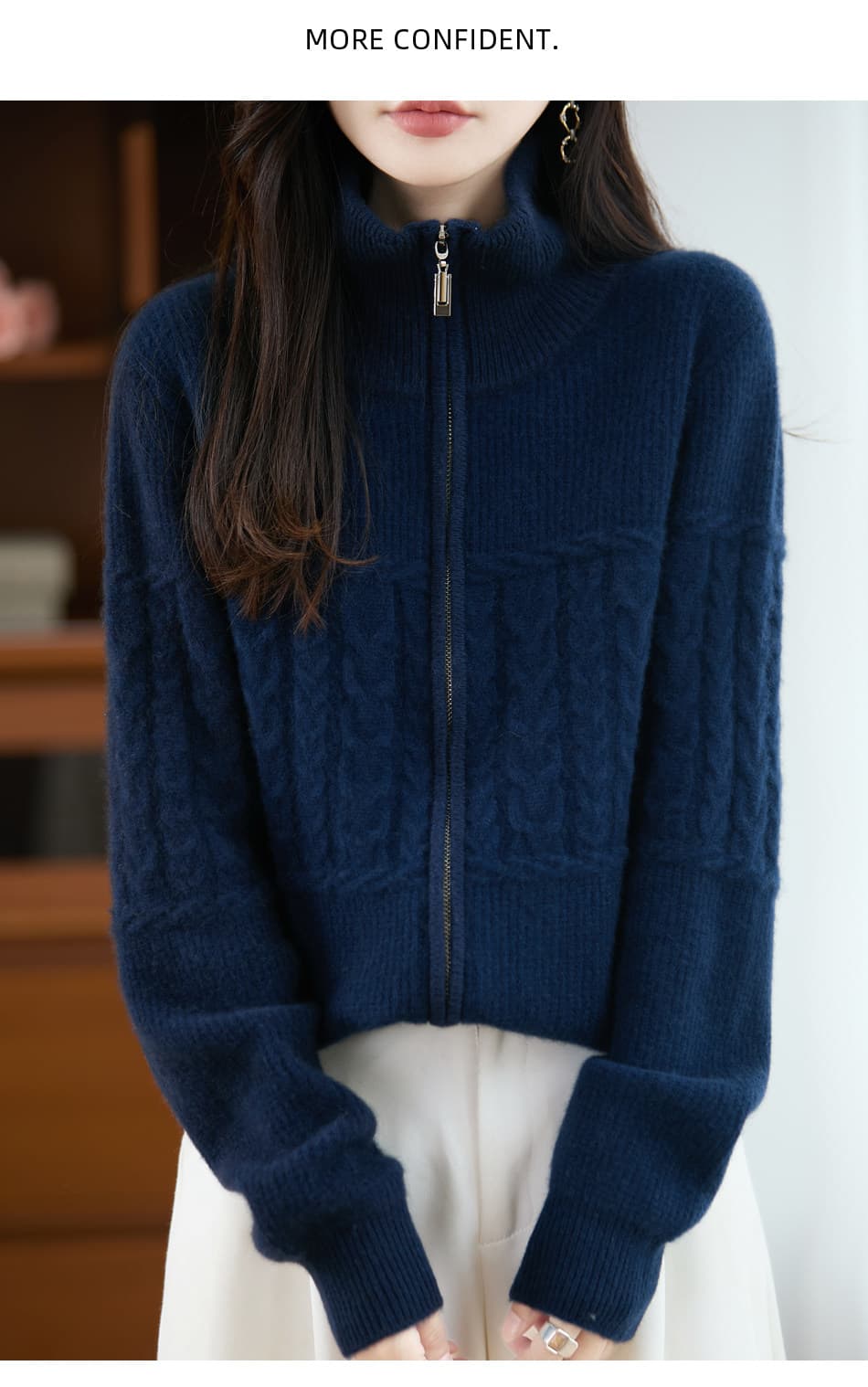 터틀넥 더블 지퍼 오픈 가디건 여성 유럽 상품 순수한 카디건 두꺼운 폴로 칼라 봄 드레스 니트 양모 스웨터 코트 상세 이미지 15