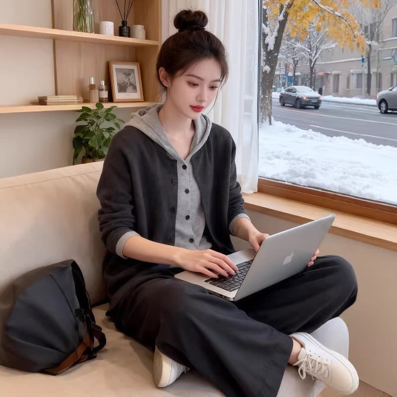 느긋한 바람 후드 페이크 레이어드 니트 오픈 가디건 여성 2026 봄 빅 사이즈 지방 mm 루즈핏 스웨터 기본 셔츠 맨위 상세 이미지 6