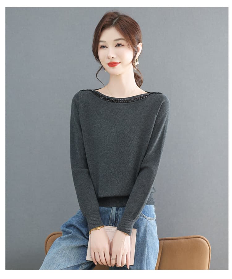 봄 가을 패션 새로운 보트넥 니트 기본 셔츠 긴팔 여성 품격 연령 감소 양모 니트 스웨터 얇은 상세 이미지 6