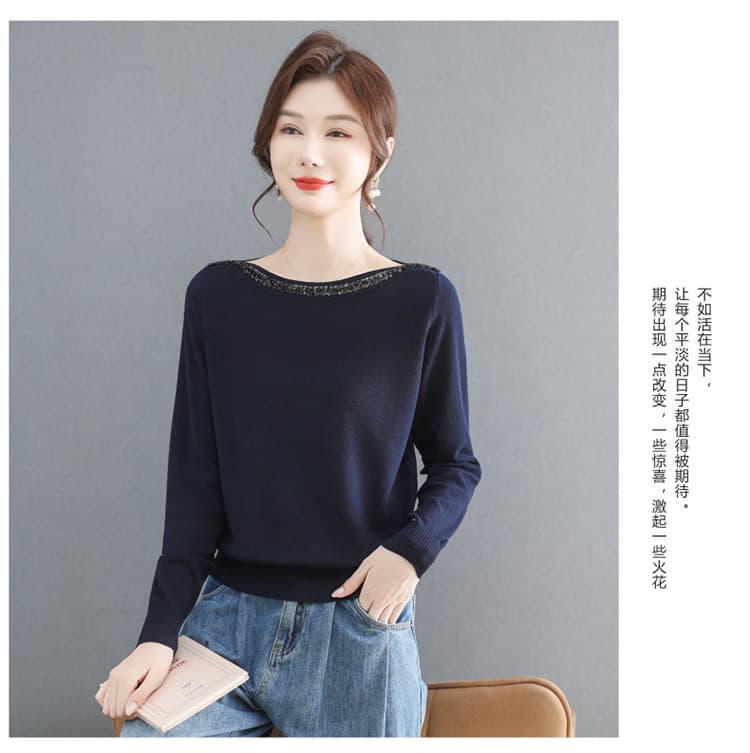 봄 가을 패션 새로운 보트넥 니트 기본 셔츠 긴팔 여성 품격 연령 감소 양모 니트 스웨터 얇은 상세 이미지 14