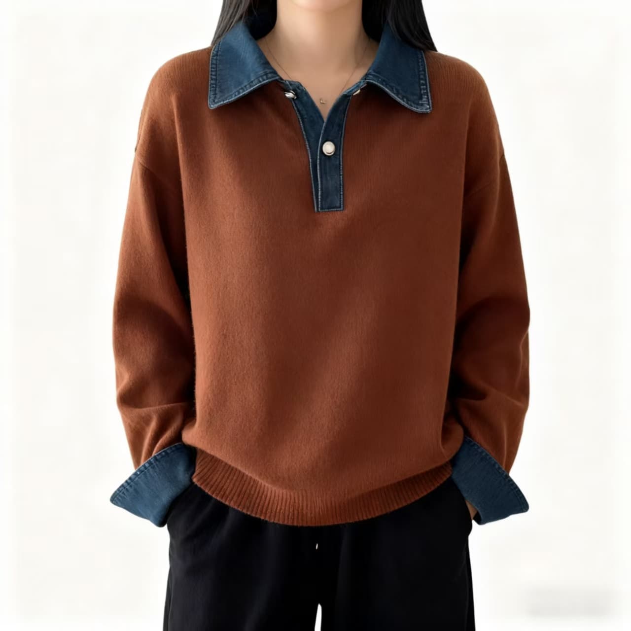 한 부서 chic 서리가 내린 부서 배색 데님 패치워크 POLO 칼라 긴팔 스웨터 여자 2026 가을 겨울 새로운 맨위 여성 이미지 5