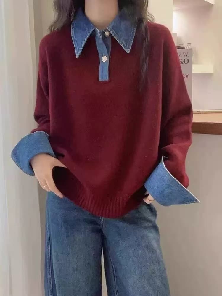 한 부서 chic 서리가 내린 부서 배색 데님 패치워크 POLO 칼라 긴팔 스웨터 여자 2026 가을 겨울 새로운 맨위 여성 이미지 2