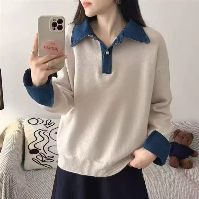 한 부서 chic 서리가 내린 부서 배색 데님 패치워크 POLO 칼라 긴팔 스웨터 여자 2026 가을 겨울 새로운 맨위 여성 상세 이미지 4