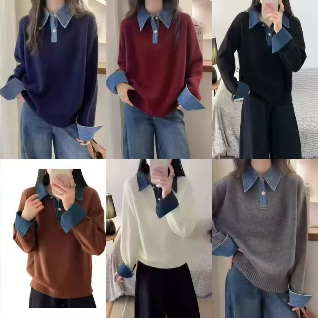 한 부서 chic 서리가 내린 부서 배색 데님 패치워크 POLO 칼라 긴팔 스웨터 여자 2026 가을 겨울 새로운 맨위 여성 상세 이미지 7