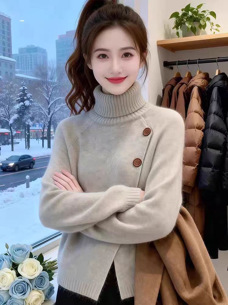 빛 럭셔리 미니멀리즘 터틀넥 단추 트임 스웨터 여자 2026 가을 겨울철 새로운 고급 센스 부드러운 찹쌀 니트 스웨터 상세 이미지 2