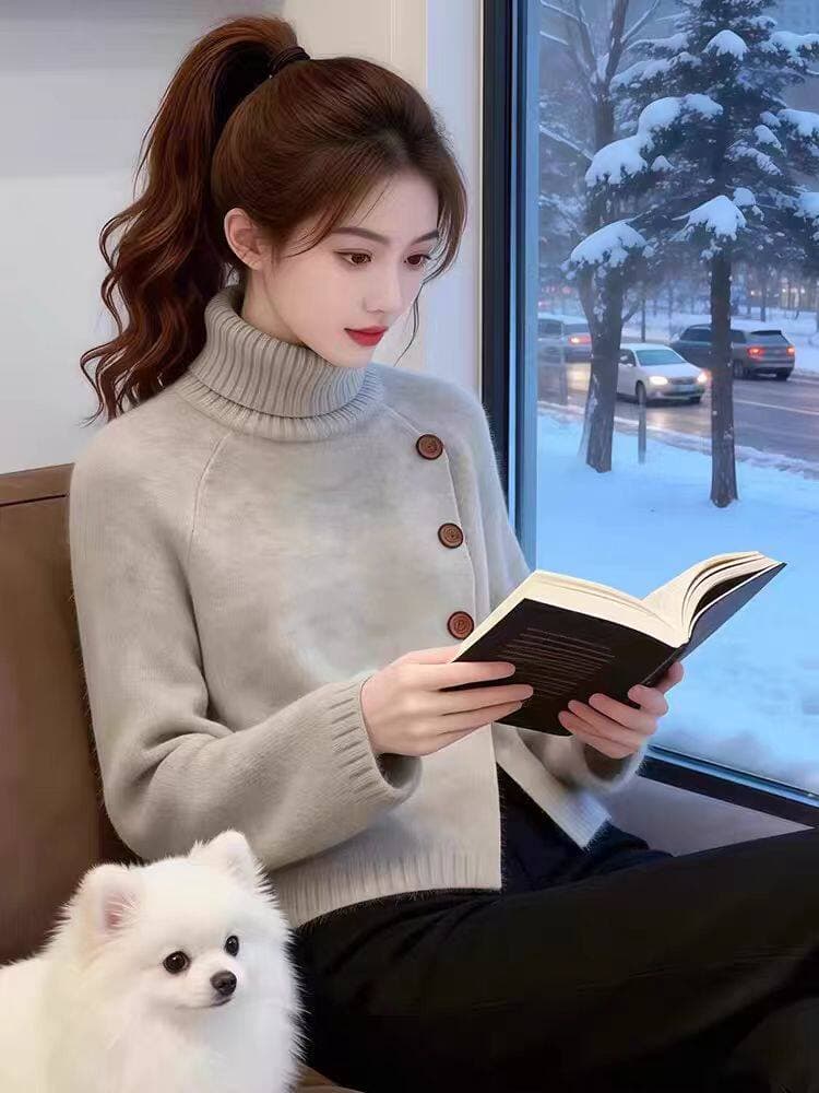 빛 럭셔리 미니멀리즘 터틀넥 단추 트임 스웨터 여자 2026 가을 겨울철 새로운 고급 센스 부드러운 찹쌀 니트 스웨터 상세 이미지 4