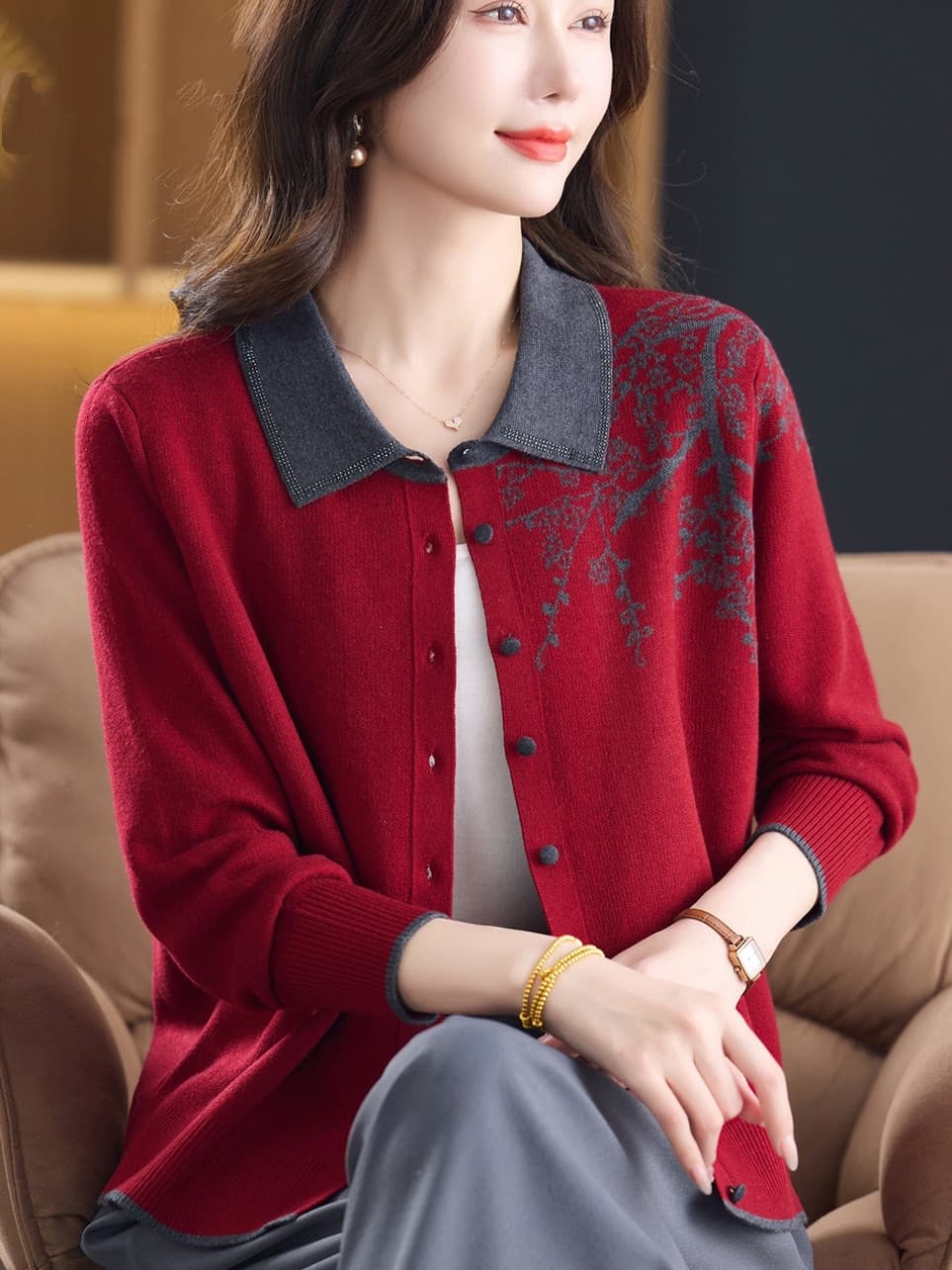 봄 가을 새로운 패션 폴로 칼라 양모 니트 오픈 가디건 중노년 여성 어머니 드레스 품격 맨위 스웨터 얇은 코트