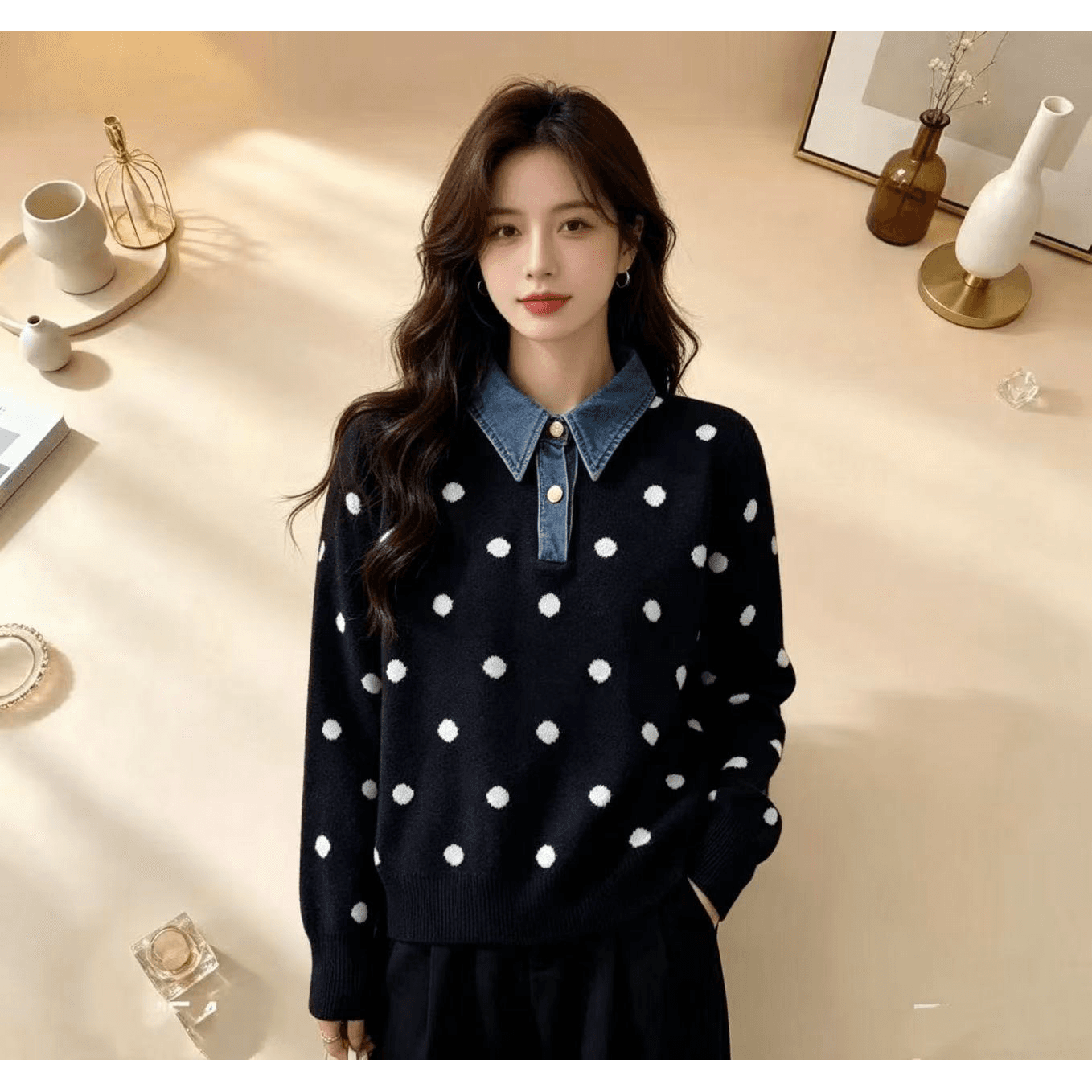 한국 스타일 도트 무늬 페이크 레이어드 데님 패치워크 POLO 칼라 니트 스웨터 부드러운 찹쌀 연령 감소 스웨터 코트 가을 겨울철 새로운 이미지 5