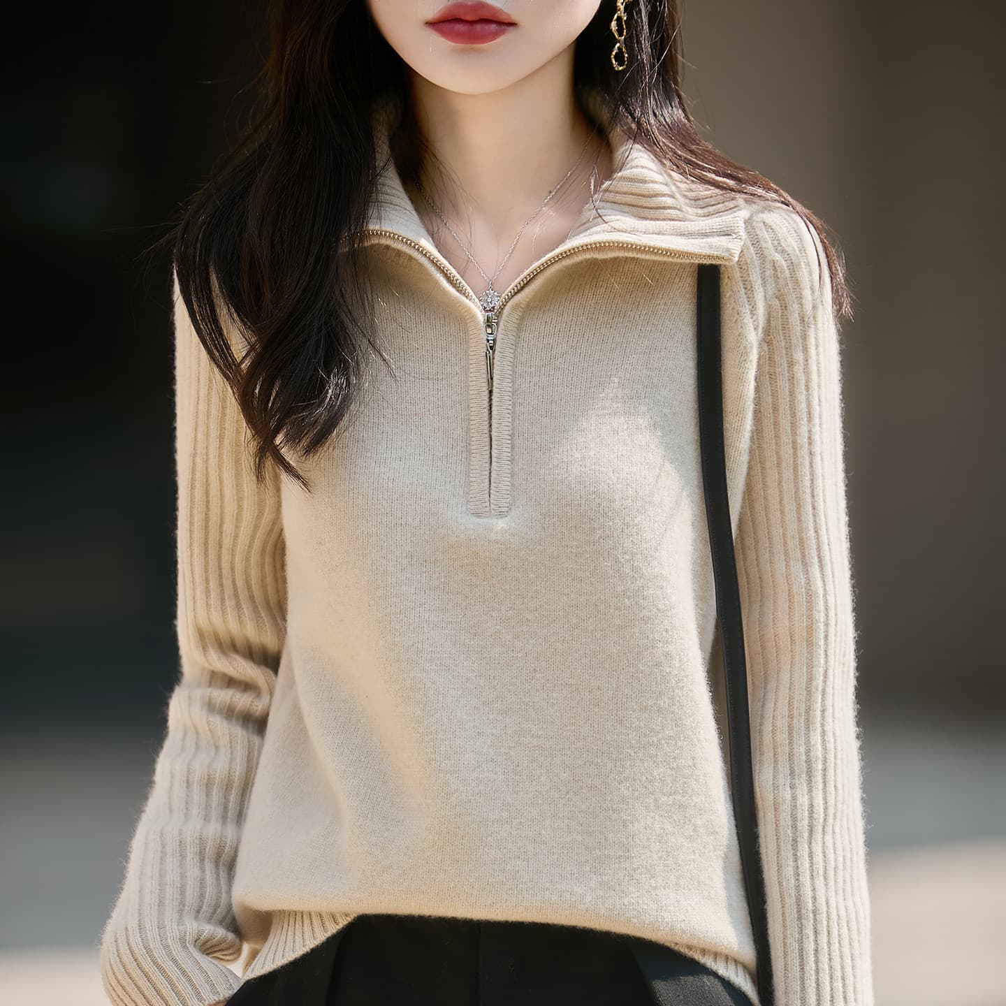 2026 가을 겨울 새로운 하프 지퍼 카디건 여성 루즈핏 미니멀리즘 캐주얼 다용도 폴로 칼라 스웨터 니트 맨위 이미지 4