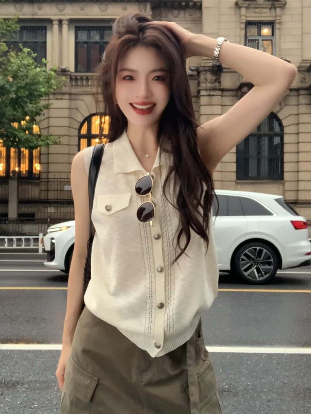 POLO 칼라 민소매 니트 스웨터 여성 2026 여름 새로운 세련된 착용 가져 가라. 싱글 줄 버튼 슬림해 보이는 맨위 상세 이미지 1