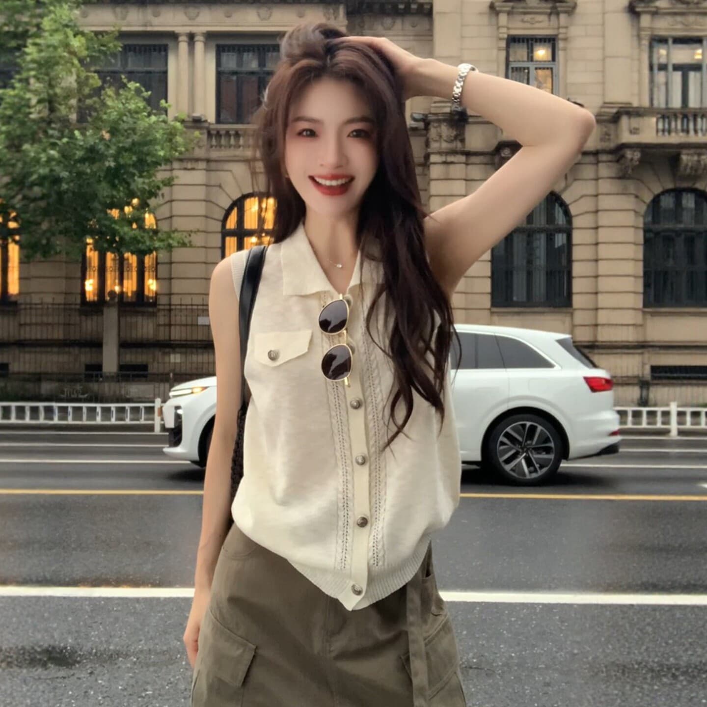 POLO 칼라 민소매 니트 스웨터 여성 2026 여름 새로운 세련된 착용 가져 가라. 싱글 줄 버튼 슬림해 보이는 맨위 상세 이미지 6
