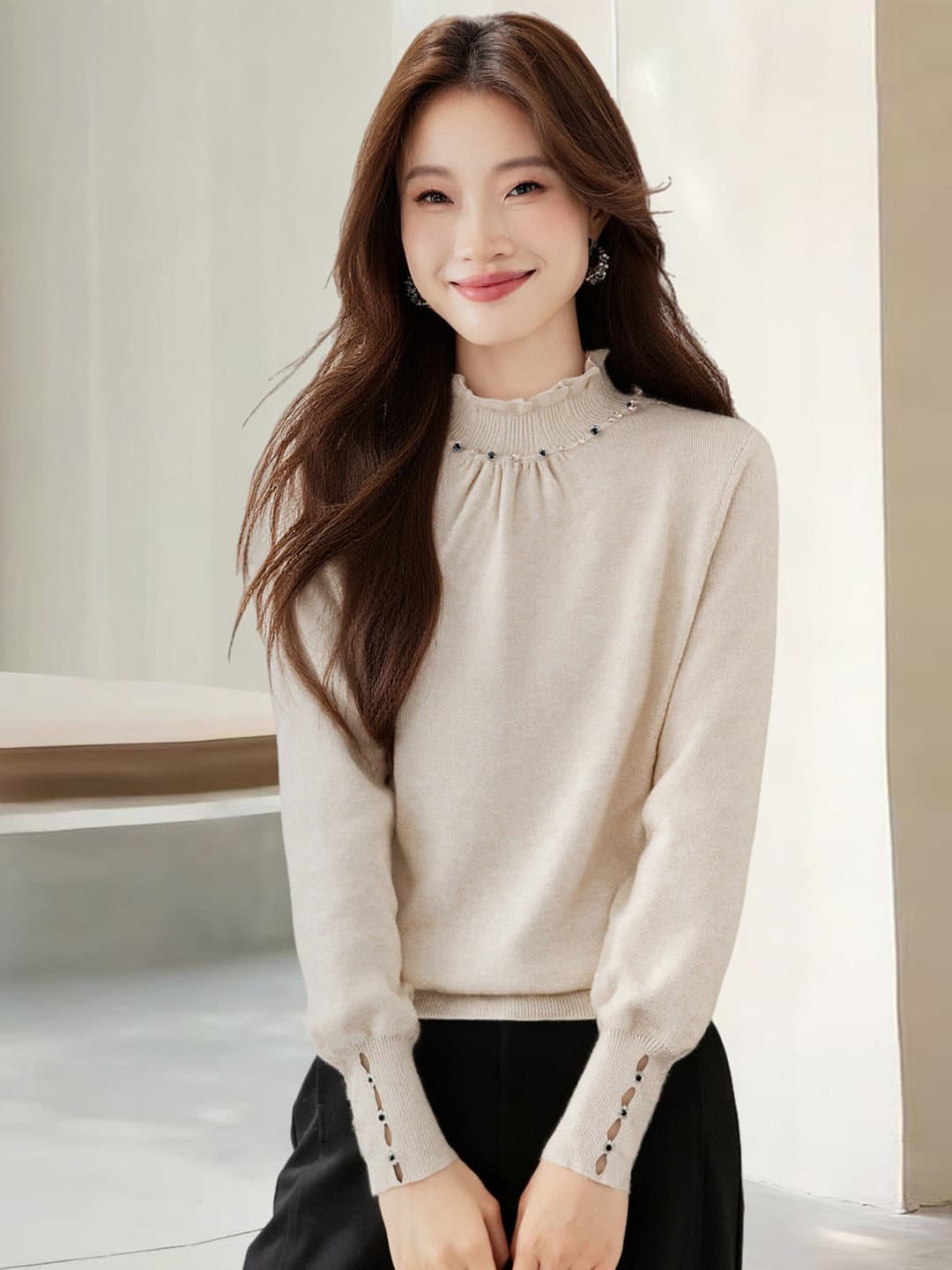 디자인 센스 작은 대중 비즈 박기 작은 키 반하이넥 스웨터 기본 셔츠 여성 가을 겨울 느긋한 바람 레이스 측면 니트 스웨터 이미지 5