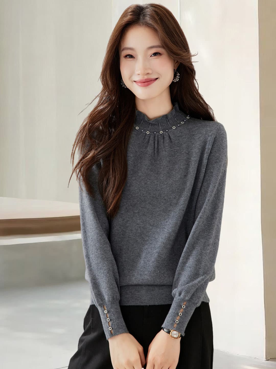 디자인 센스 작은 대중 비즈 박기 작은 키 반하이넥 스웨터 기본 셔츠 여성 가을 겨울 느긋한 바람 레이스 측면 니트 스웨터 이미지 2