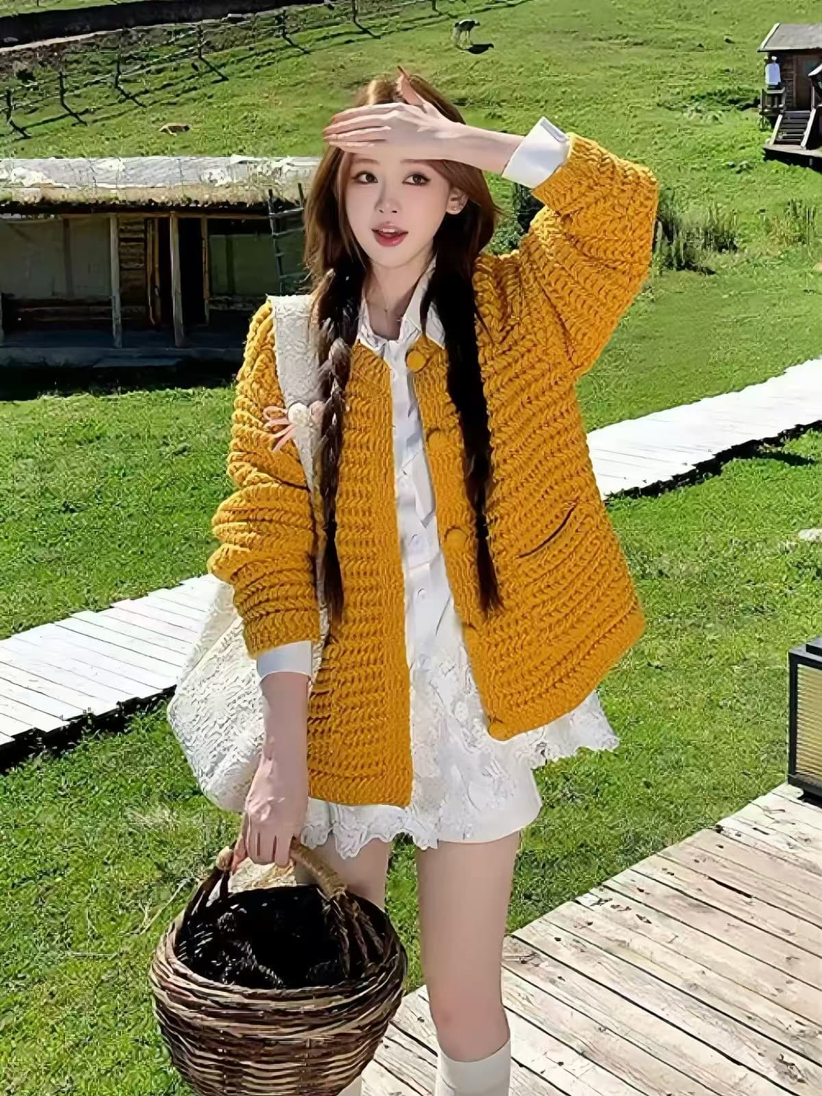 센 부서 레트로 황색 스웨터 오픈 가디건 여성 2026 가을 새로운 루즈핏 느긋한 바람 외부 가져 가라. 니트 재킷 맨위