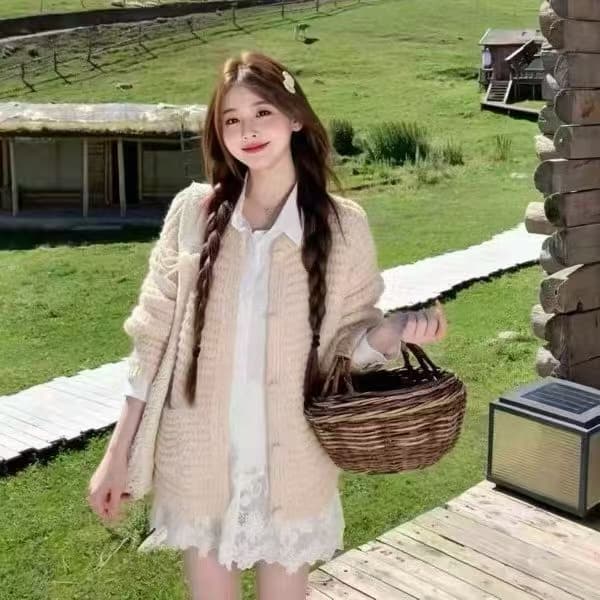 센 부서 레트로 황색 스웨터 오픈 가디건 여성 2026 가을 새로운 루즈핏 느긋한 바람 외부 가져 가라. 니트 재킷 맨위 이미지 2