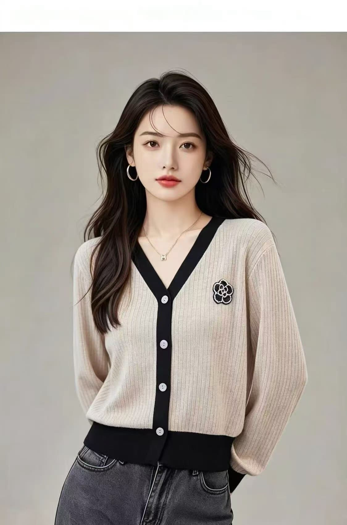 가을 의상 V넥 동백 나무 니트 오픈 가디건 여성 코트 봄 가을 외부 가져 가라. 외국 가스 빅 사이즈 여성 의류 맨위 이미지 2