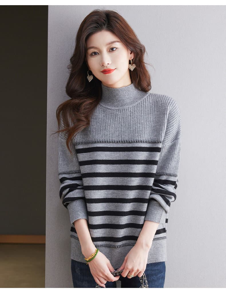 가을 겨울 빅 사이즈 반하이넥 스트라이프 스웨터 여자 2026 새로운 표지 배 인사이드 가져 가라. 니트 만나는 카디건 상세 이미지 12