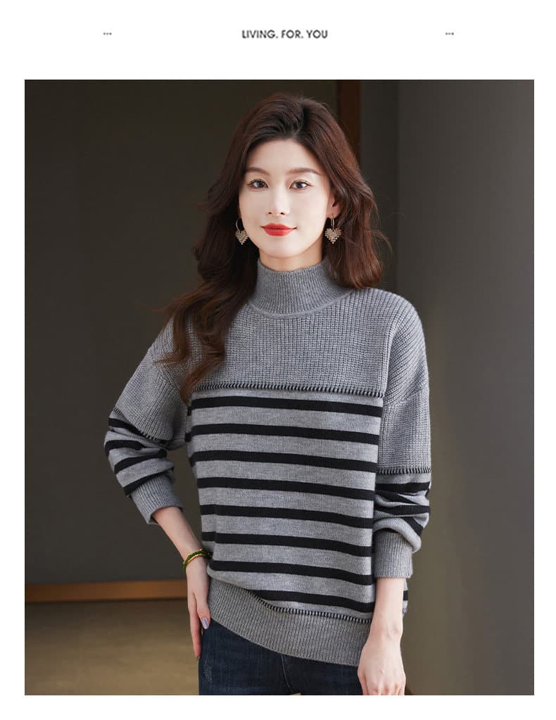 가을 겨울 빅 사이즈 반하이넥 스트라이프 스웨터 여자 2026 새로운 표지 배 인사이드 가져 가라. 니트 만나는 카디건 상세 이미지 14