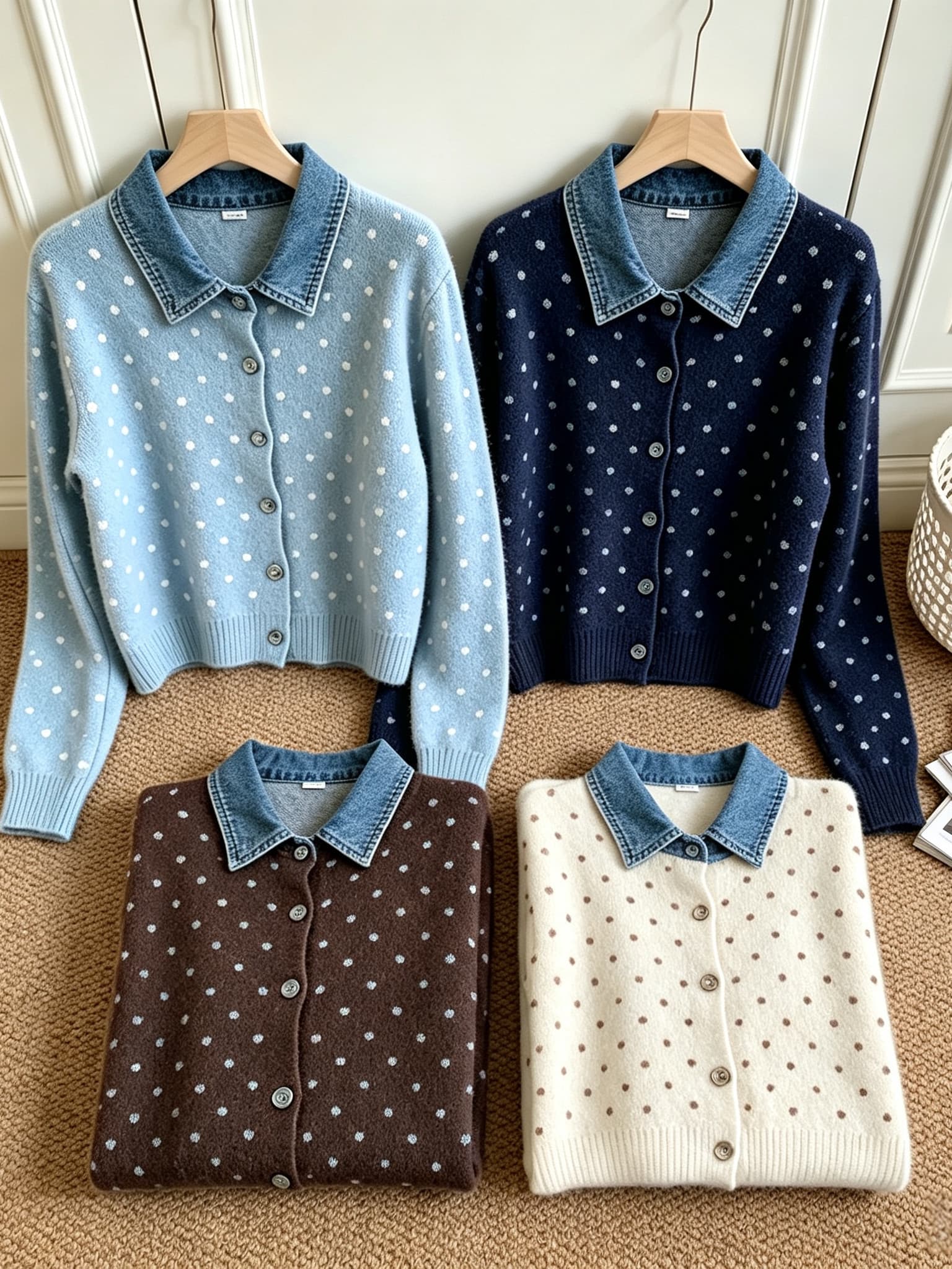 프랑스식 도트 무늬 페이크 레이어드 데님 패치워크 POLO 칼라 니트 스웨터 부드러운 찹쌀 연령 감소 스웨터 코트 가을 겨울철 새로운 상세 이미지 5