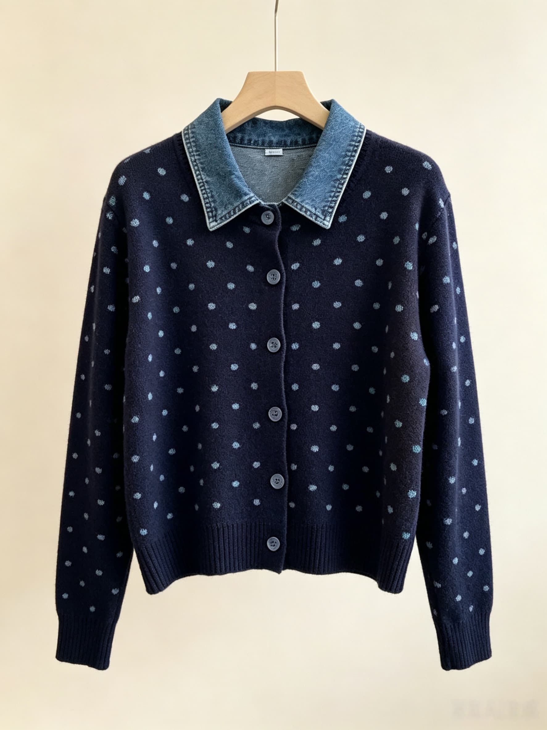 프랑스식 도트 무늬 페이크 레이어드 데님 패치워크 POLO 칼라 니트 스웨터 부드러운 찹쌀 연령 감소 스웨터 코트 가을 겨울철 새로운 상세 이미지 7