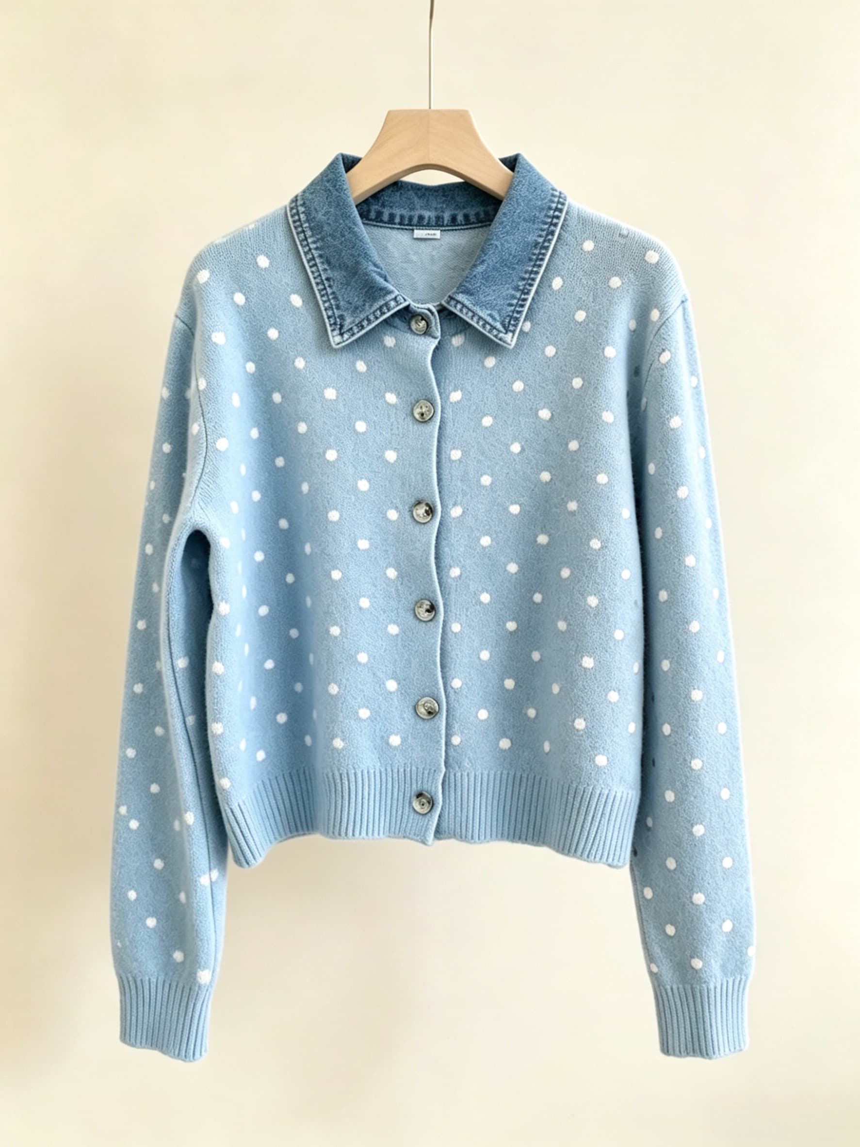 프랑스식 도트 무늬 페이크 레이어드 데님 패치워크 POLO 칼라 니트 스웨터 부드러운 찹쌀 연령 감소 스웨터 코트 가을 겨울철 새로운 상세 이미지 9