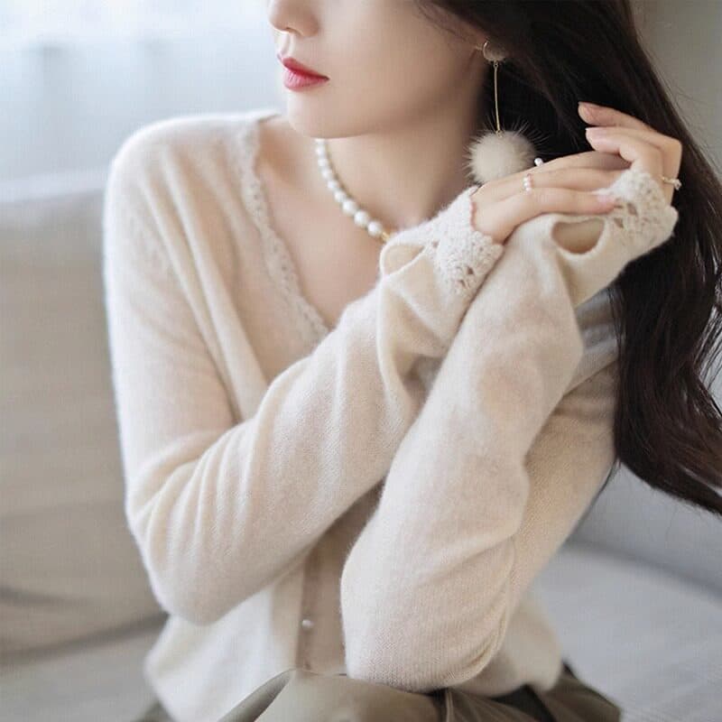 가을 새로운 우아함 절묘한 레트로 훅 선 레이스 V넥 니트 오픈 가디건 Chic 아름다운 티셔츠 얇은 스타일 맨위 여성 상세 이미지 2