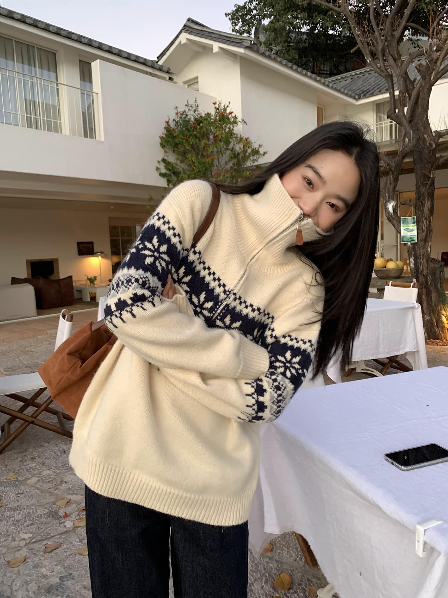 2026 가을 겨울철 레트로 하프 지퍼 터틀넥 스웨터 여자 공정한 섬 자카드 루즈핏 느긋한 풀오버 니트 맨위 상세 이미지 2