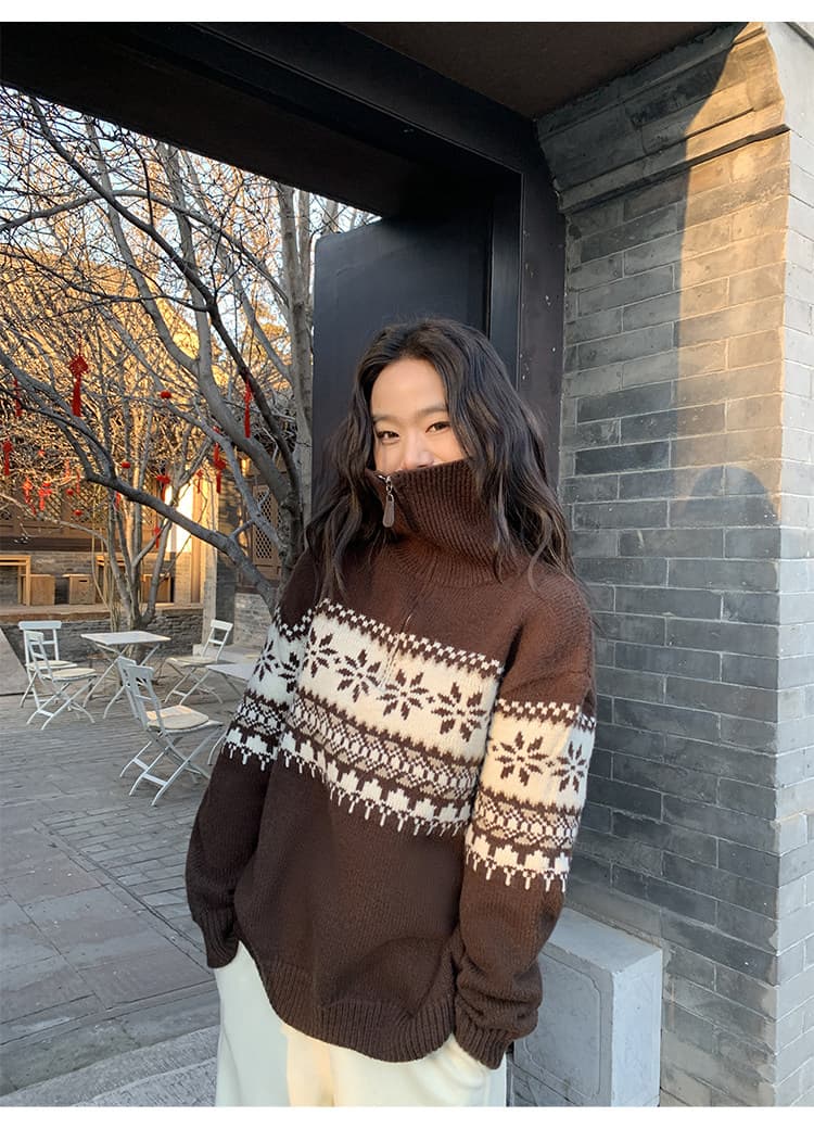 2026 가을 겨울철 레트로 하프 지퍼 터틀넥 스웨터 여자 공정한 섬 자카드 루즈핏 느긋한 풀오버 니트 맨위 상세 이미지 13