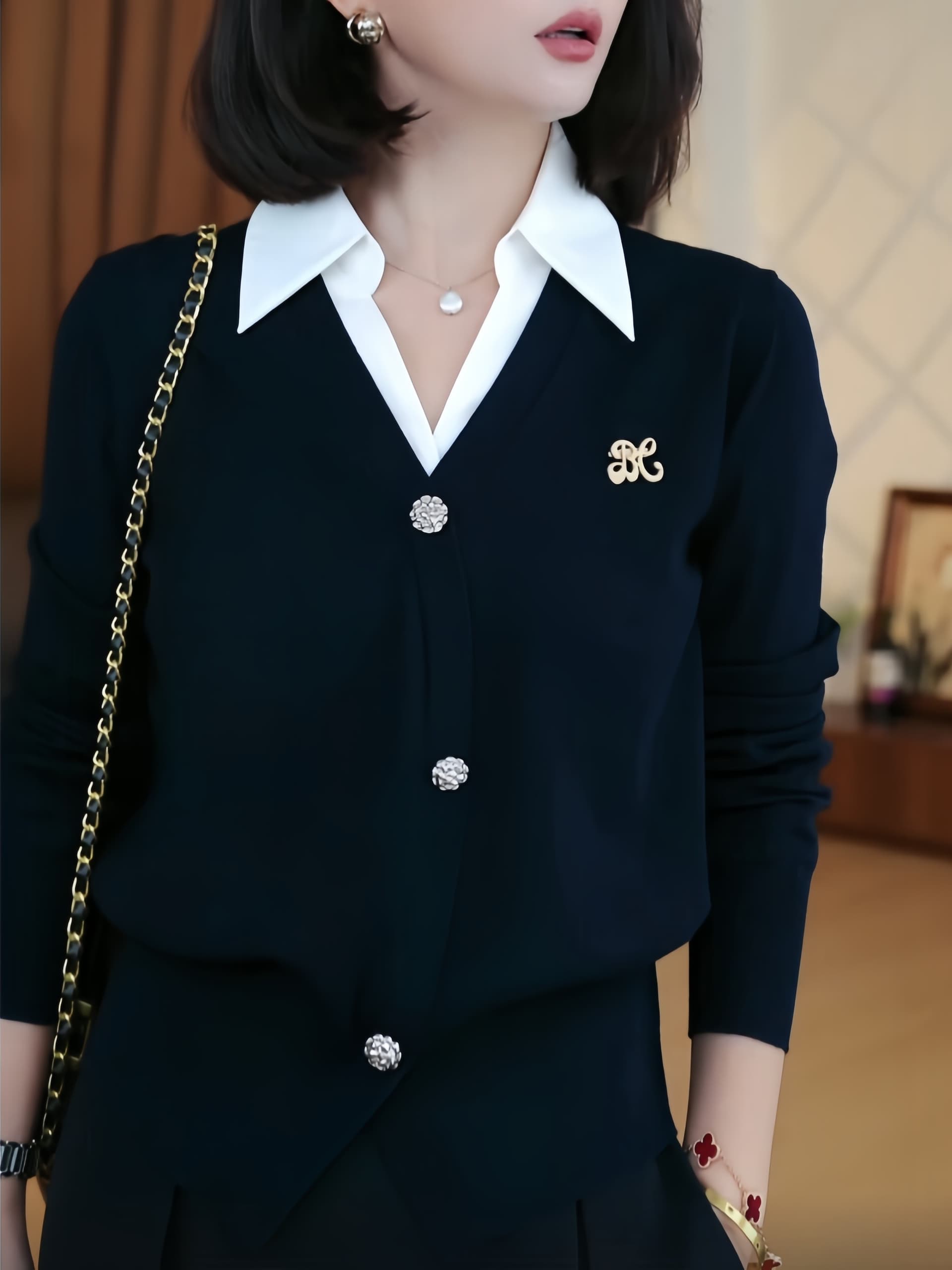 2026 새로운 봄 가을 프랑스식 고급 센스 니트 스웨터 여성 품격 페이크 레이어드 패치워크 캐주얼 긴팔 배색 맨위 상세 이미지 3
