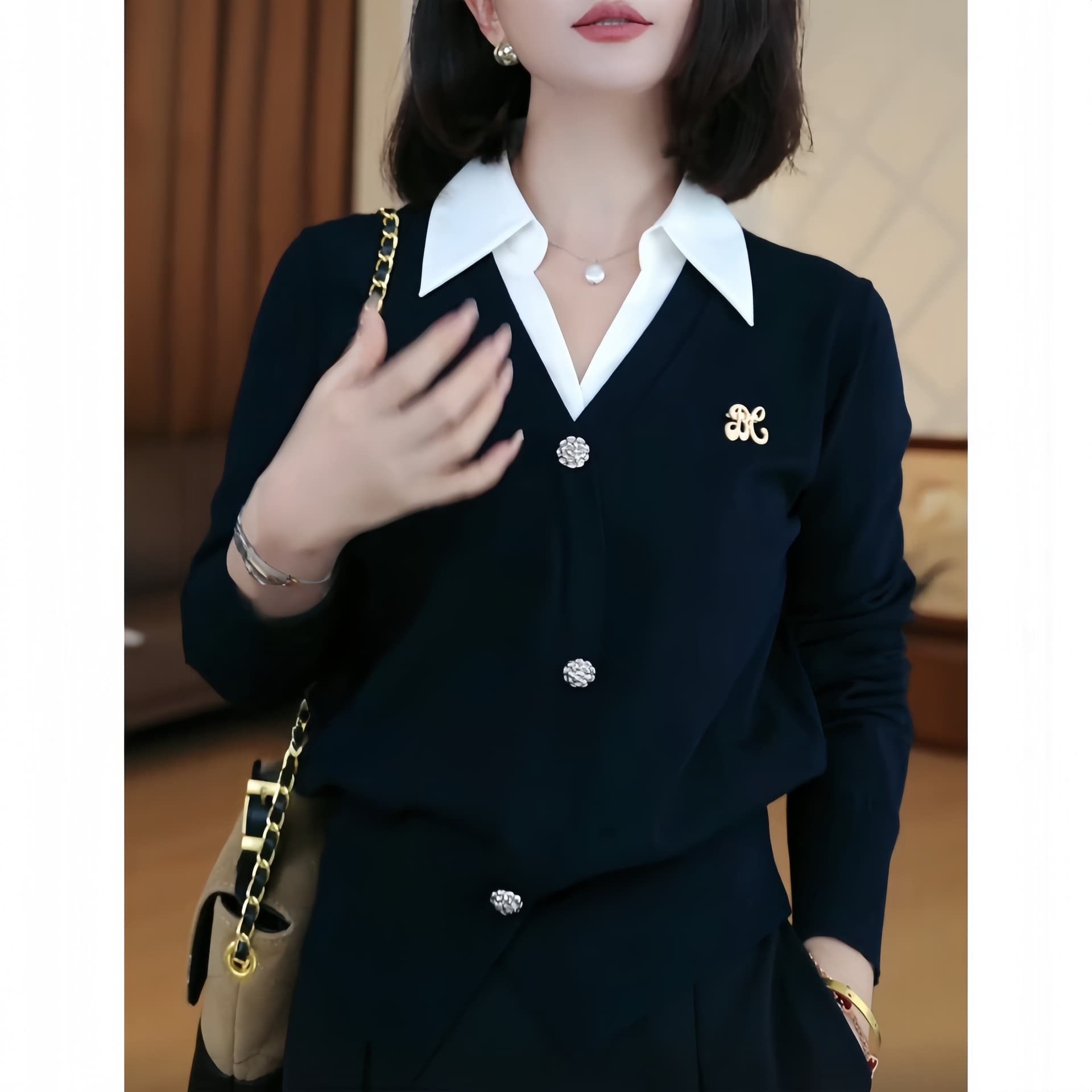 2026 새로운 봄 가을 프랑스식 고급 센스 니트 스웨터 여성 품격 페이크 레이어드 패치워크 캐주얼 긴팔 배색 맨위 상세 이미지 6