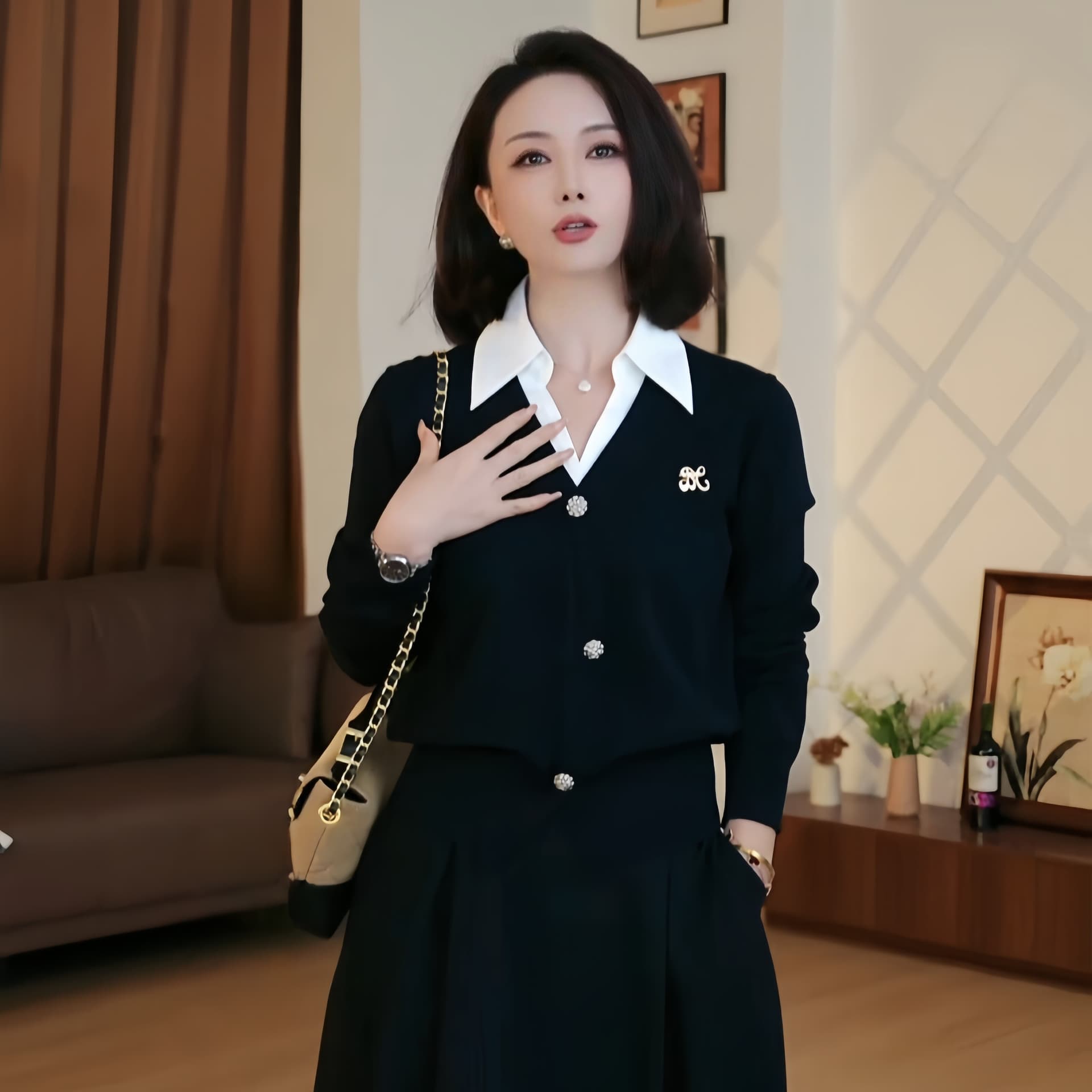 2026 새로운 봄 가을 프랑스식 고급 센스 니트 스웨터 여성 품격 페이크 레이어드 패치워크 캐주얼 긴팔 배색 맨위 상세 이미지 7