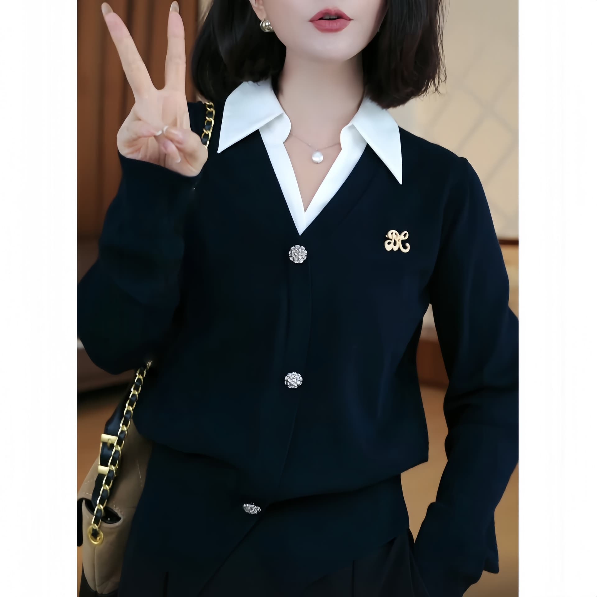 2026 새로운 봄 가을 프랑스식 고급 센스 니트 스웨터 여성 품격 페이크 레이어드 패치워크 캐주얼 긴팔 배색 맨위 상세 이미지 8