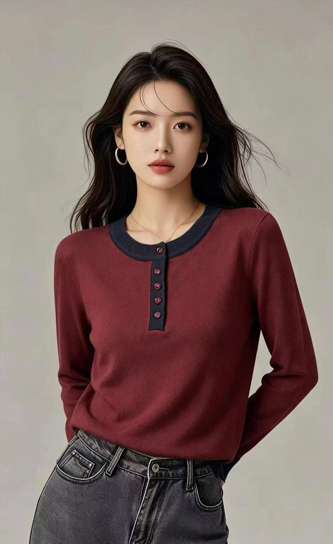 빨간색 V넥 기본 셔츠 가을 겨울 여성 의류 몸매 가꾸기 슬림해 보이는 인사이드 가져 가라. 반 개방 칼라 긍정적 인 어깨 긴팔 티셔츠 맨위