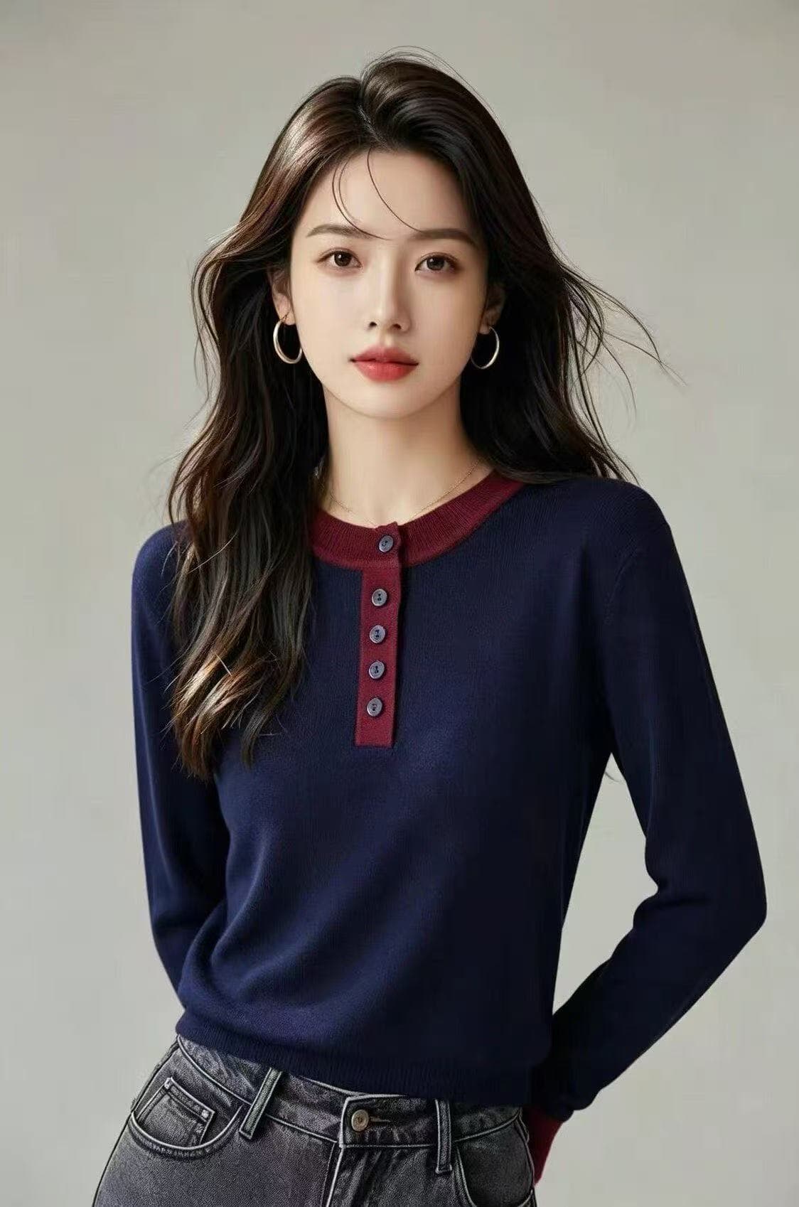 빨간색 V넥 기본 셔츠 가을 겨울 여성 의류 몸매 가꾸기 슬림해 보이는 인사이드 가져 가라. 반 개방 칼라 긍정적 인 어깨 긴팔 티셔츠 맨위 이미지 2